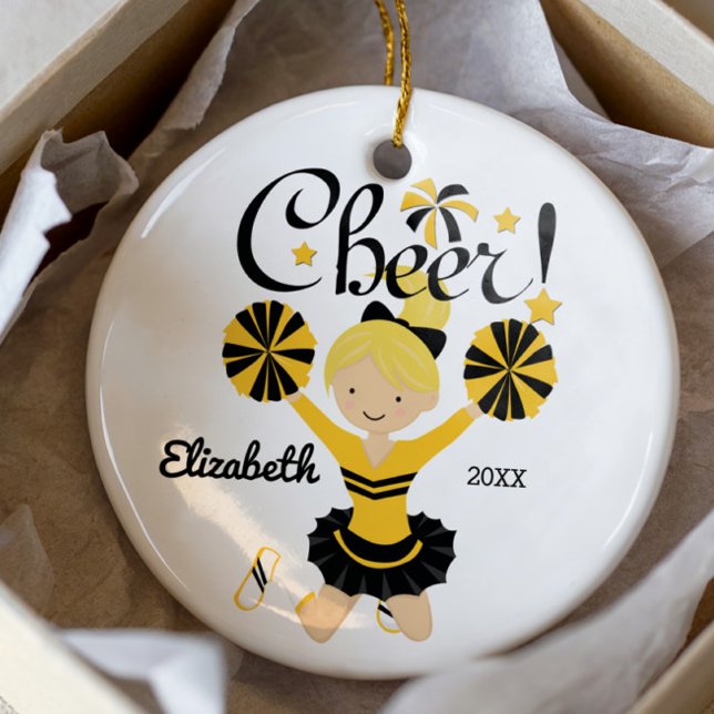 Black & Gold Cheer Blonde Cheerleader Ornament (Von Creator hochgeladen)