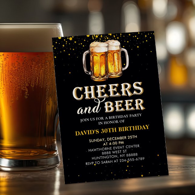 Black Gold Cheers and Beers Birthday Invitation (Créateur téléchargé)