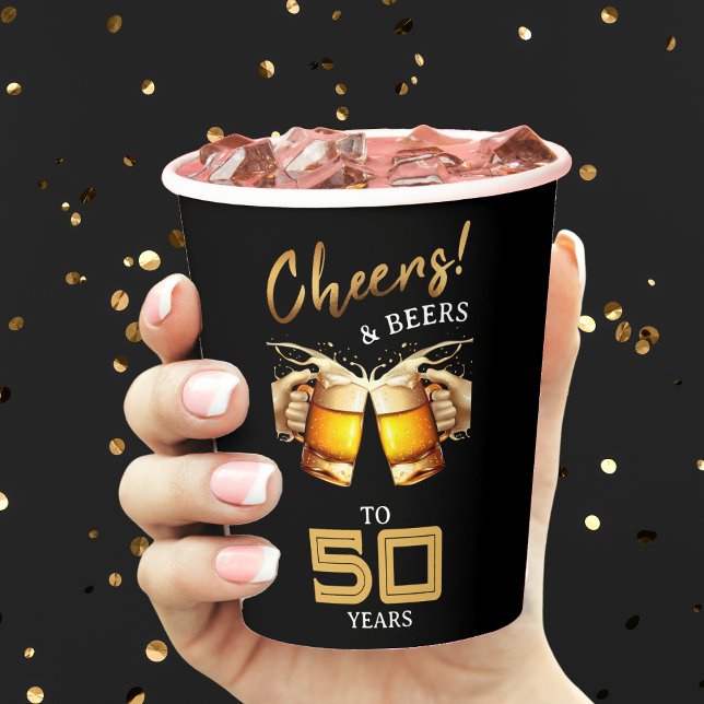 Black & Gold Cheers & Biere 50 Jahre 50. Geburtsta Pappbecher (Black & Gold Cheers & Beers 50 Years 50th Birthday Paper Cups)