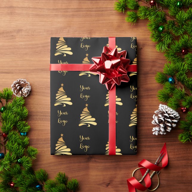Black Gold Chic Weihnachtsbaum Privatkundenlogo Geschenkpapier (Feiertagsgeschenk)