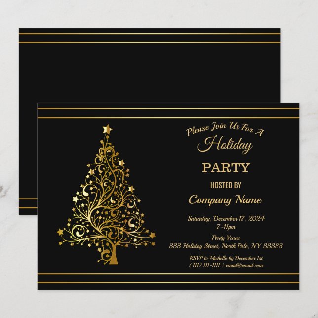 Black Gold Christmas Tree Corporate Holiday Party  Einladung (Vorne/Hinten)