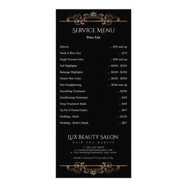 Black Gold Classic Swirls Service Price List Menu (Devant)