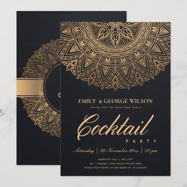 BLACK GOLD CLASSIC VERZIERT MANDALA COCKTAIL PARTY EINLADUNG (Vorne/Hinten)