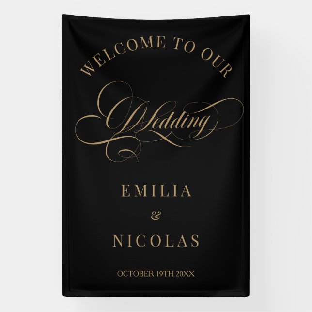 Black Gold Classic Wedding Welcome Sign Banner (Vertikal)