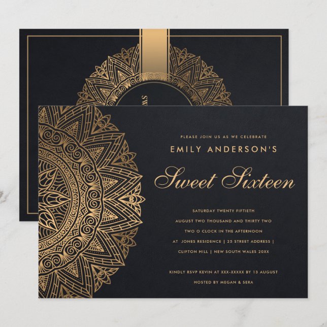BLACK GOLD CLASSY VERZIERT MANDALA SWEET 16 BIRTHT EINLADUNG (Vorne/Hinten)