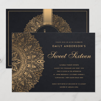 BLACK GOLD CLASSY VERZIERT MANDALA SWEET 16 BIRTHT EINLADUNG