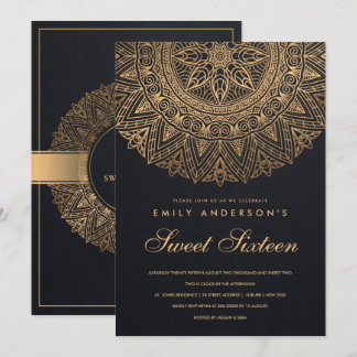 BLACK GOLD CLASSY VERZIERT MANDALA SWEET 16 GEBURT EINLADUNG