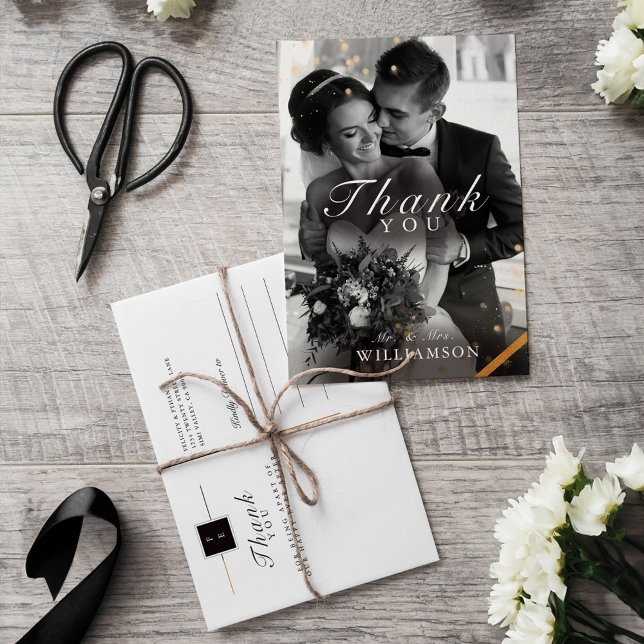 Black Gold Classy Wedding Foto Danke Postcard Postkarte (Black Gold Classy Wedding Photo Thank You Postcard)