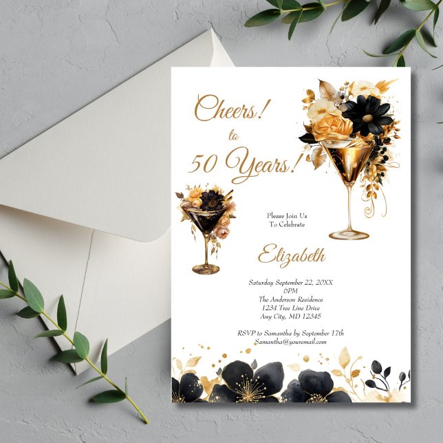 Black Gold Cocktails Drinks Florals 50th Birthday Einladung (Black Gold Watercolor Florals Cocktails 50th Birthday party invitation for her. Digital or Printed)