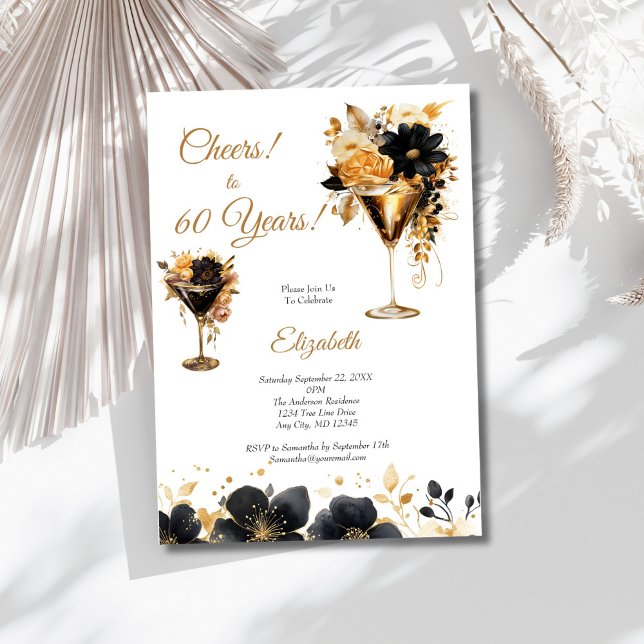 Black Gold Cocktails Drinks Florals 60th Birthday Einladung (Black Gold Florals Cocktails 60th Birthday party invitation for her. Printed or Digital)