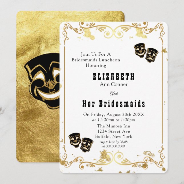 Black Gold Comedy & Tragedy Bridesmaids Luncheon Einladung (Vorne/Hinten)