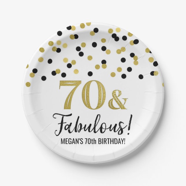 Black Gold Confetti 70 und fabulous Geburtstag Pappteller (Vorderseite)