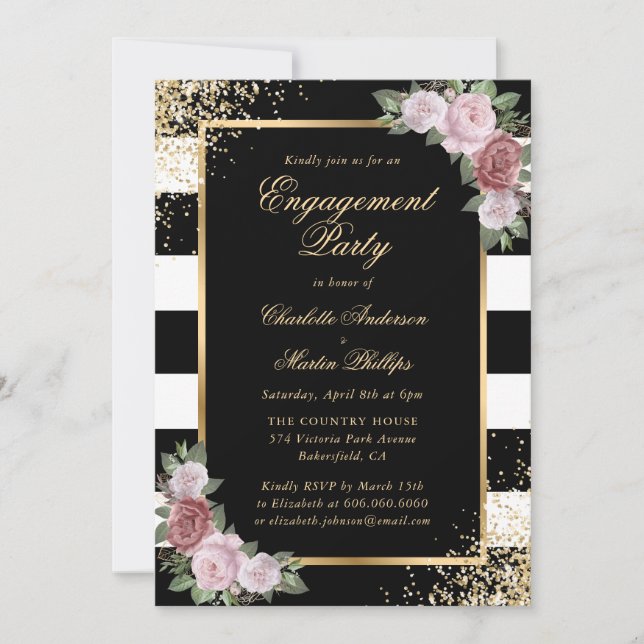 Black Gold Confetti Blush Floral Engagement Party Einladung (Vorderseite)
