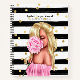 Black Gold Confetti Dots Blonde Girl Pink Floral Notizbuch