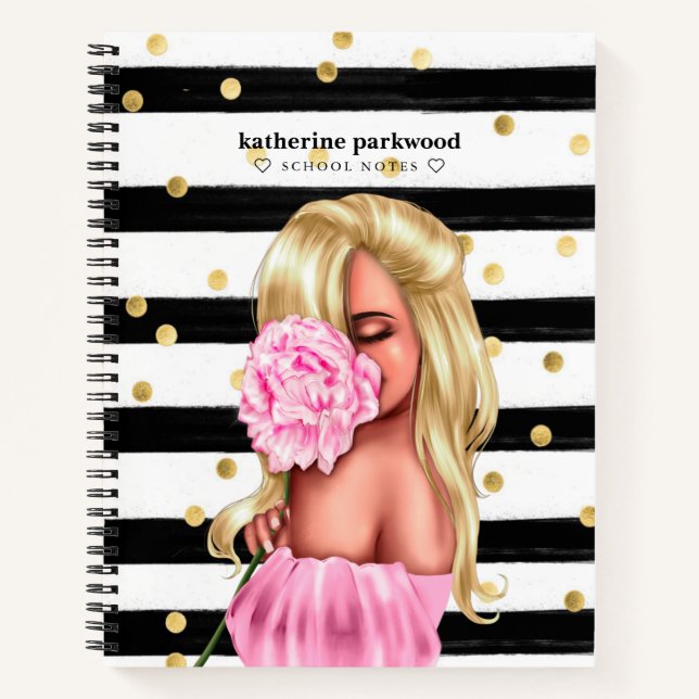 Black Gold Confetti Dots Blonde Girl Pink Floral Notizbuch (Vorderseite)