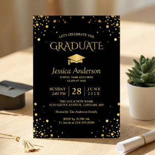 Black Gold Confetti Dots Graduate Graduate Party Einladung