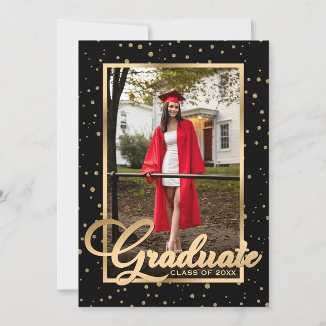 Black Gold Confetti Foto Graduation Party Einladung (Vorderseite)