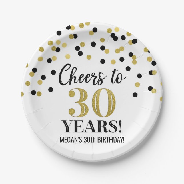 Black Gold Confetti freut sich auf 30 Jahre Geburt Pappteller (Vorderseite)