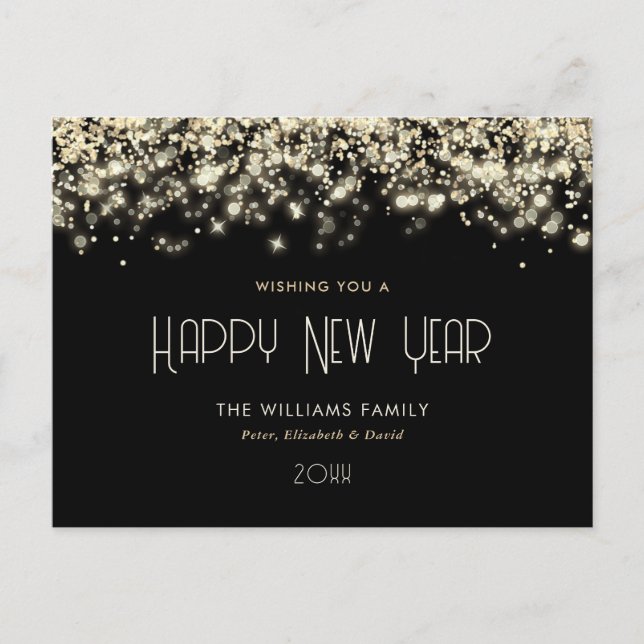Black Gold Confetti Frohes Neues Jahr Postkarte (Vorderseite)