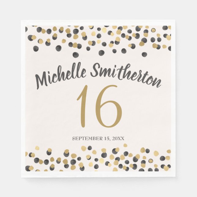 Black Gold Confetti Glitzer 16. Geburtstag Serviette (Vorderseite)