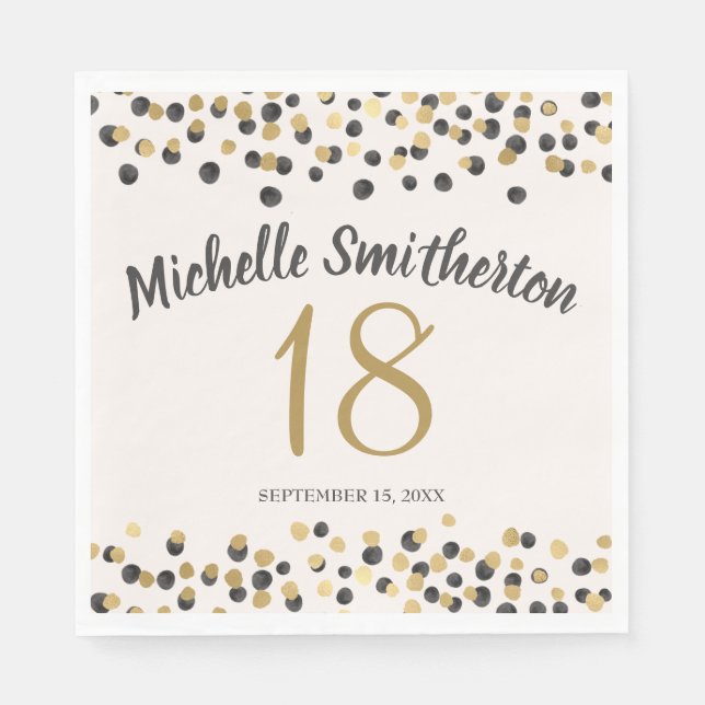 Black Gold Confetti Glitzer 18. Geburtstag Serviette (Vorderseite)