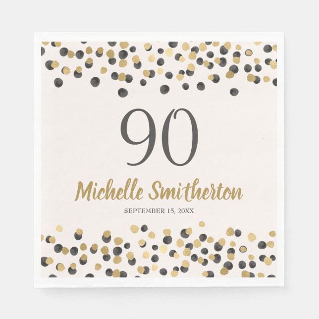 Black Gold Confetti Glitzer 90. Geburtstag Serviette (Vorderseite)