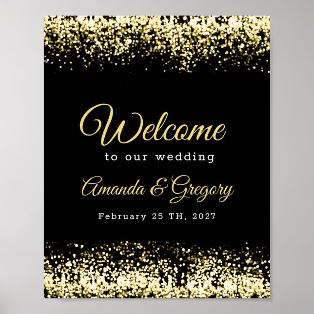 Black Gold Confetti Glitzer Hochzeit Begrüßungszei Poster (Vorne)