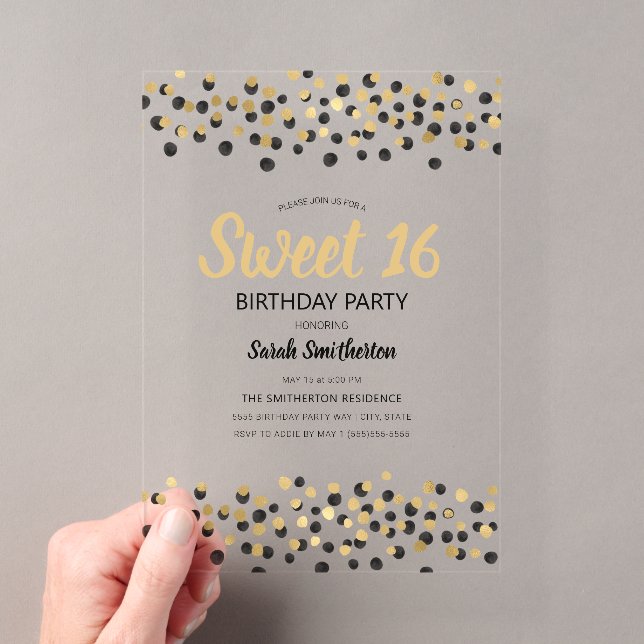 Black Gold Confetti Glitzer Sweet 16 Acryleinladungen (Insitu (Handheld))