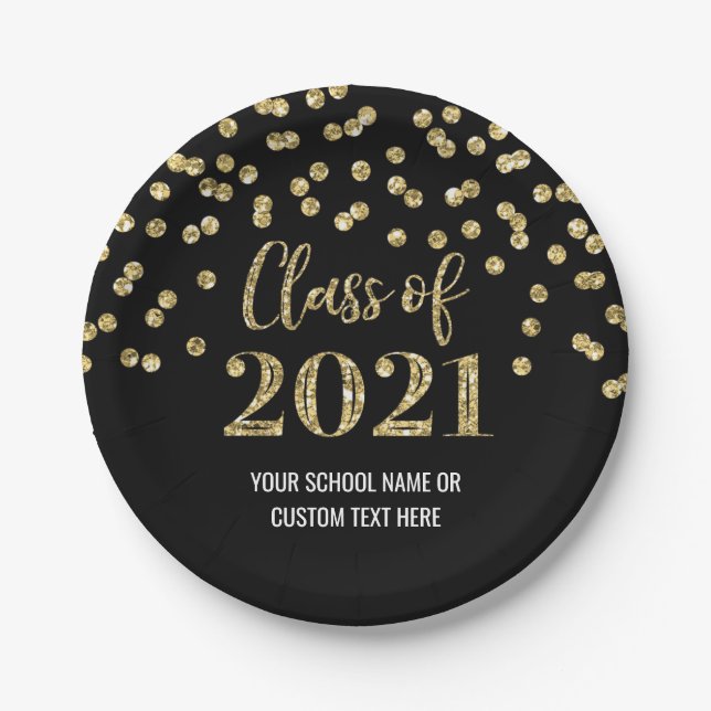 Black Gold Confetti Graduation 2021 Pappteller (Vorderseite)