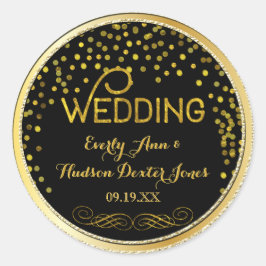 Black & Gold Confetti Moderne Hochzeit Runder Aufkleber