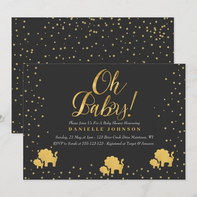 Black & Gold Confetti, Niedlicher Goldschuh Einladung (Vorne/Hinten)