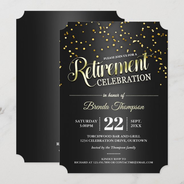 Black|Gold Confetti-Party Einladungen (Vorne/Hinten)