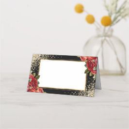 Black Gold Confetti Red Roses Floral Platzkarte