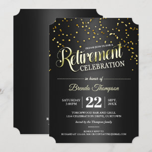 Black Gold Confetti Retraite Party Invitations