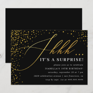 Black & Gold Confetti-Skript-Überraschung-Party Einladung