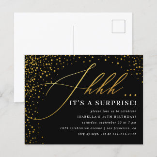 Black & Gold Confetti-Skript-Überraschung-Party Einladungspostkarte