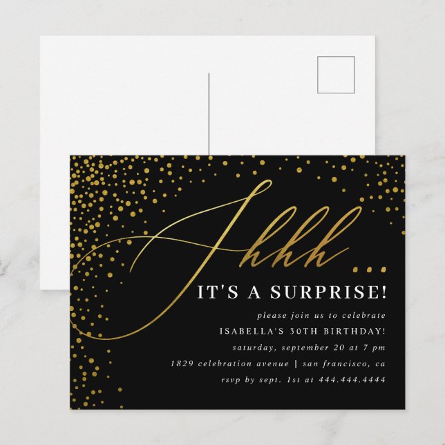 Black & Gold Confetti-Skript-Überraschung-Party Einladungspostkarte (Vorne/Hinten)