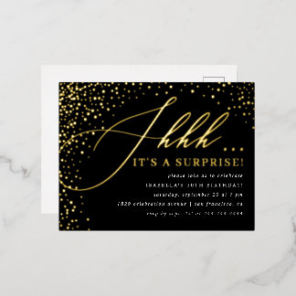 Black & Gold Confetti-Skript-Überraschung-Party Folie Einladungspostkarte