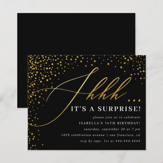 Black & Gold Confetti Skriptüberraschung Party (Vorne/Hinten)