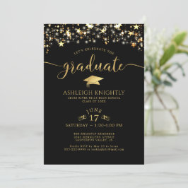 Black Gold Confetti Stars Graduation Party Einladung