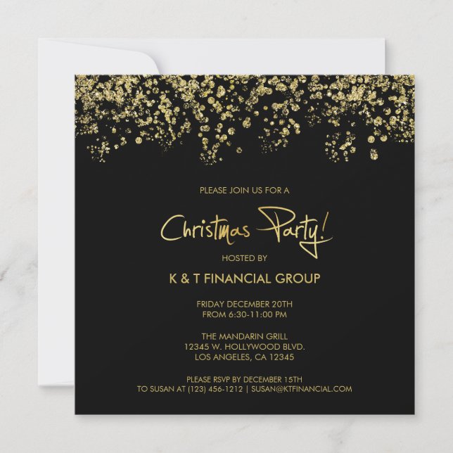 Black & Gold Confetti Unternehmen Weihnachtsessen Einladung (Vorderseite)