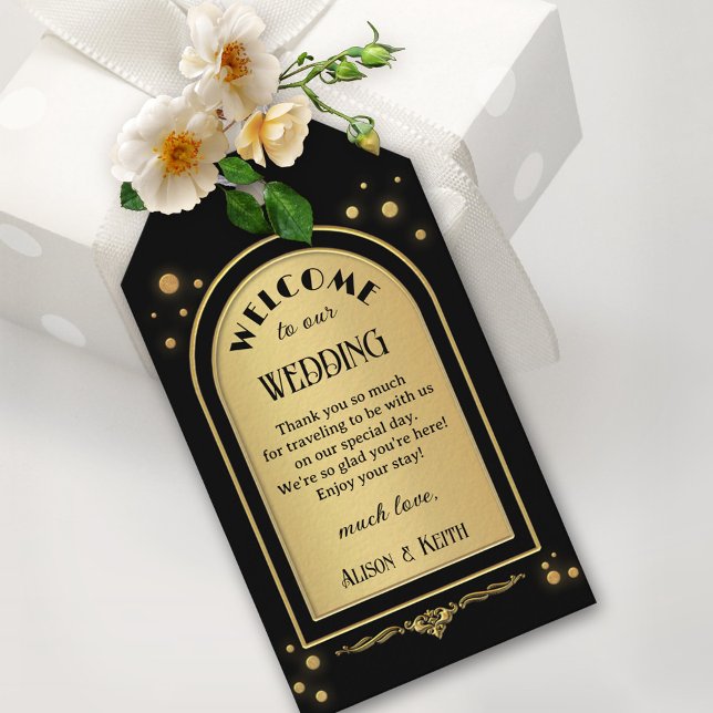 Black Gold Confetti Wedding Geschenkanhänger (Retro art deco wedding favor gift tag featuring a gold and black design with sparkling confetti dots)