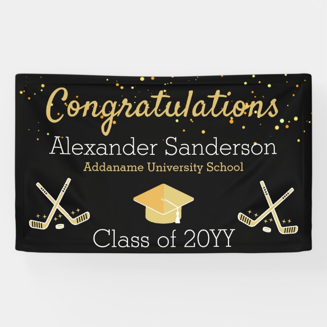 Black Gold Congratulation Hockey Graduate Banner (Horizontal)