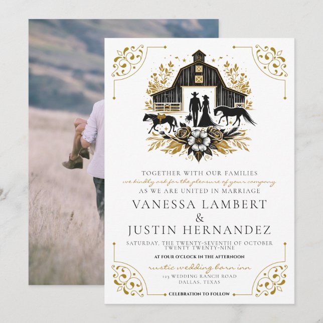 Black & Gold Country Wedding Einladung (Vorne/Hinten)