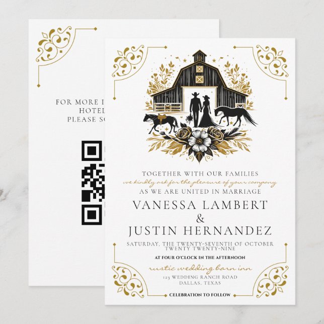 Black & Gold Country Wedding mit QR Code Einladung (Vorne/Hinten)