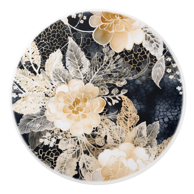 Black Gold Cream Leopard Floral Keramikknauf (Vorderseite)