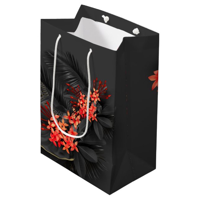Black Gold Crimson Exotic Tropical Foliage Mittlere Geschenktüte (Vorderseite Schrägansicht)