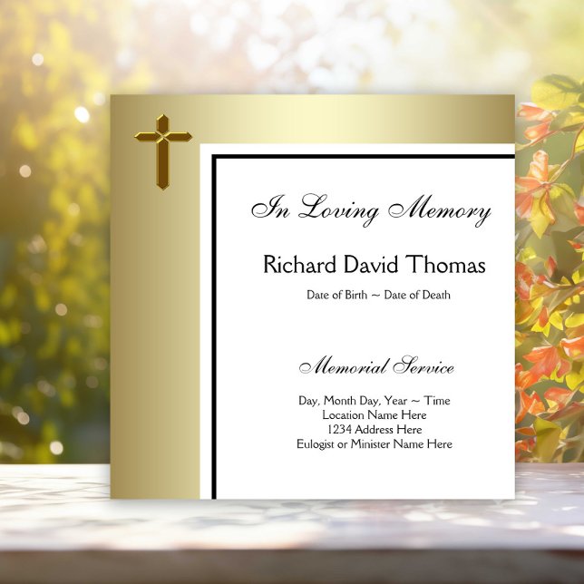 Black Gold Cross in Love Memory Memorial Einladung (Simple elegant gold cross memorial and funeral announcement. Simply add your event details.)