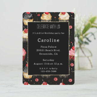 Black Gold Cupcakes Cherry auf Top Geburtstag Einladung