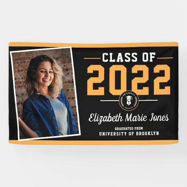 Black Gold Custom School Logo Foto Abschluss Banner (Horizontal)
